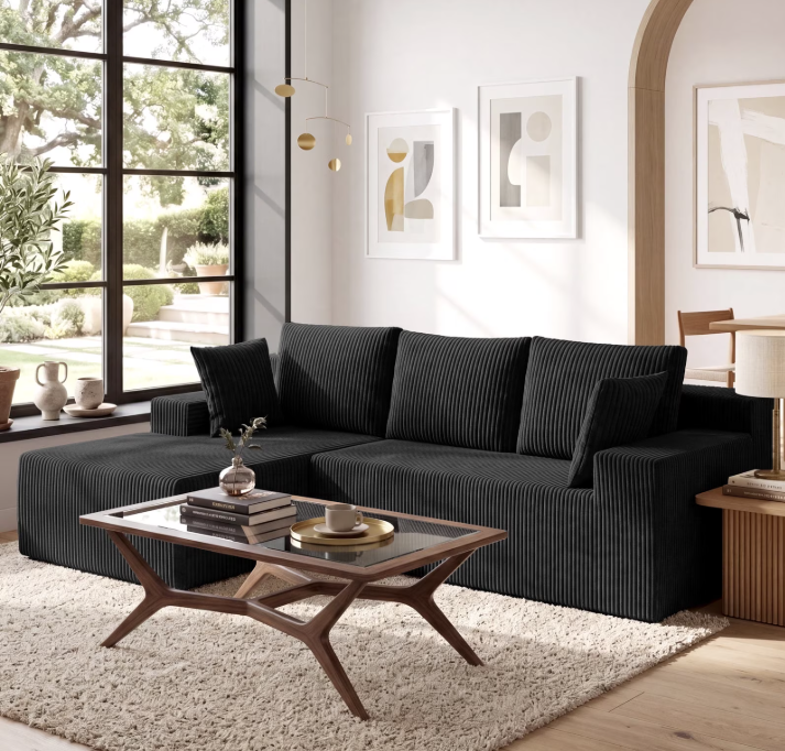 Exnote Corduroy Modular Ottoman, Soft Memory Foam Footstool & Extension Seat for L-Shaped Sectional Sofa, Black