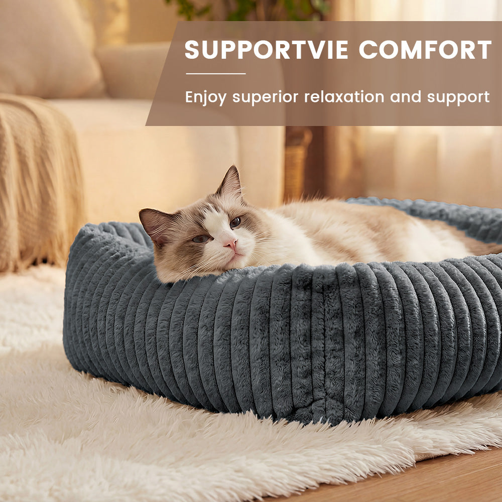 Exnote Comfy Corduroy Bolster Pet Bed, Dog Bed & Cat Bed, Striped Fleece Rectangle Pet Bed with Raised Rim, Washable Soft Plush Puppy Bed，Deep Grey