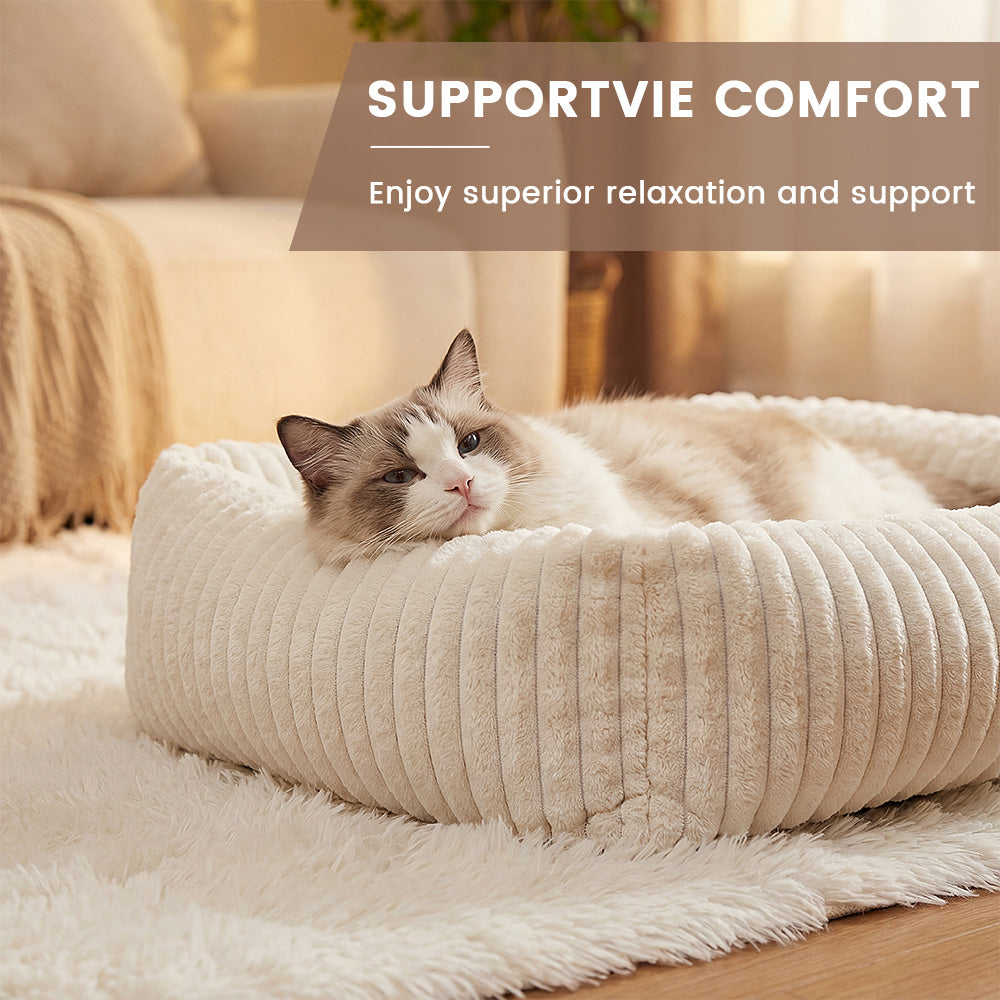 Exnote Comfy Corduroy Bolster Pet Bed, Dog Bed & Cat Bed, Striped Fleece Rectangle Pet Bed with Raised Rim, Washable Soft Plush Puppy Bed，Beige