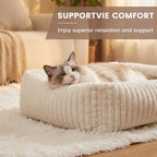 Exnote Comfy Corduroy Bolster Pet Bed, Dog Bed & Cat Bed, Striped Fleece Rectangle Pet Bed with Raised Rim, Washable Soft Plush Puppy Bed，Beige