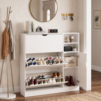 Exnote Modern White Shoe Cabinet for Entryway with 3 Flip Drawers, Slim Hidden Shoe Organizer with Side Shelving & Boot Storage, Space-Saving for Hallway