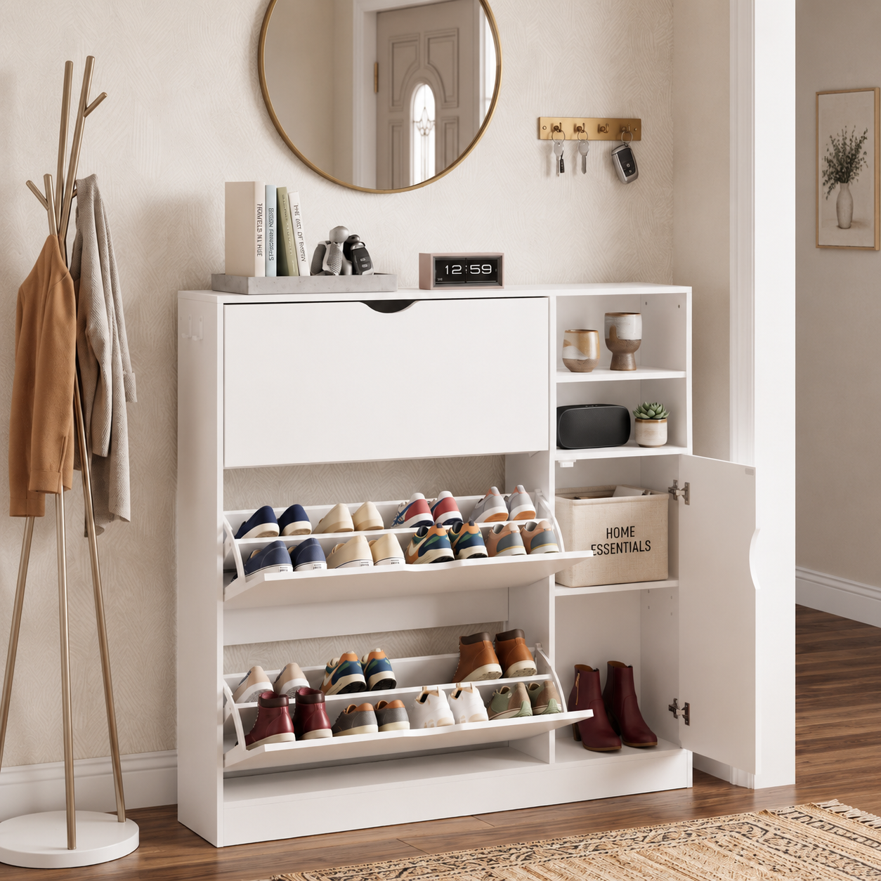 Exnote Modern White Shoe Cabinet for Entryway with 3 Flip Drawers, Slim Hidden Shoe Organizer with Side Shelving & Boot Storage, Space-Saving for Hallway