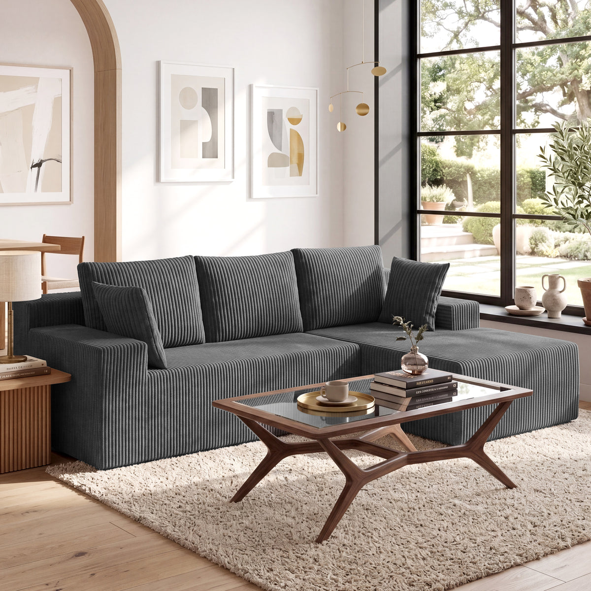 Exnote Corduroy Modular Ottoman, Soft Memory Foam Footstool & Extension Seat for L-Shaped Sectional Sofa, Black