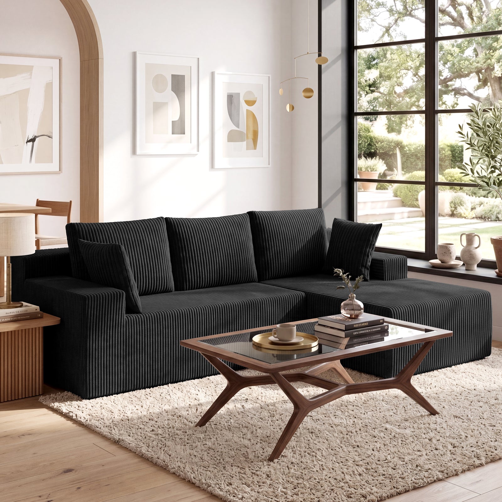 Exnote Corduroy Modular Ottoman, Soft Memory Foam Footstool & Extension Seat for L-Shaped Sectional Sofa, Black