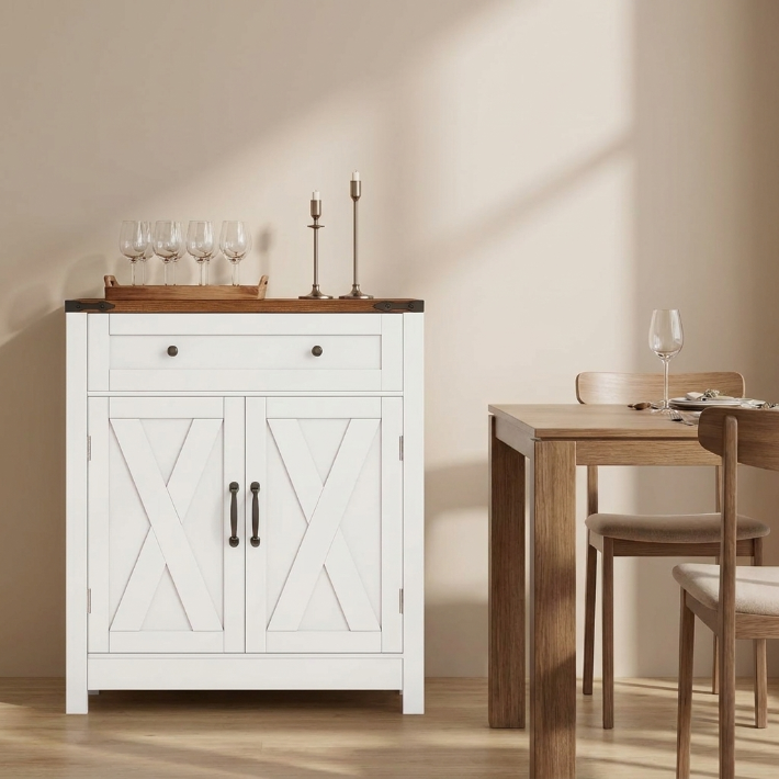 Exnote 30" Coffee Bar Station Cabinet, Kitchen Storage Sideboard with Drawer and Adjustable Shelves, Modern Farmhouse Buffet Cabinet for Kitchen, Living Room, Entryway, White
