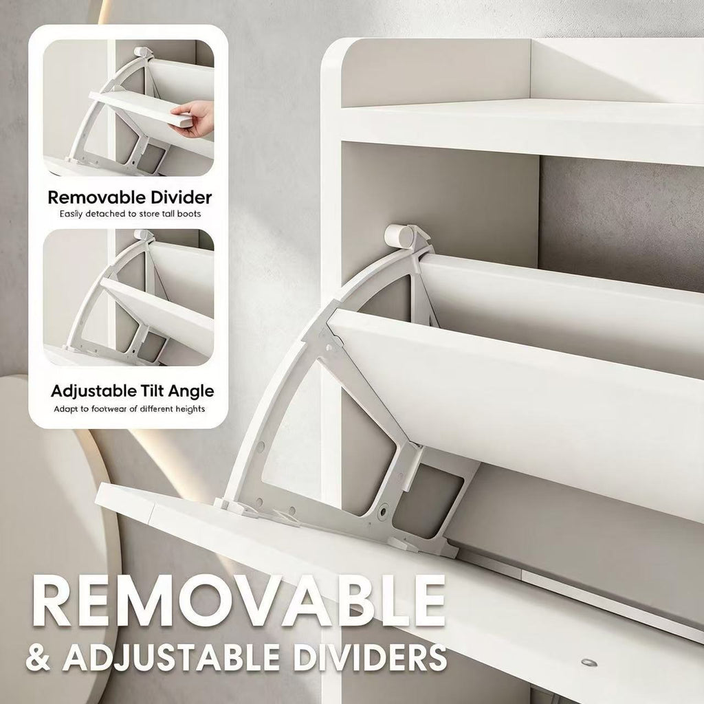Exnote Shoe Cabinet Narrow Shoe Storage Cabinet for Entryway and Hallway Space-Saving Shoe Organizer Featuring 2 Flip Drawers and Customizable Shelf That Stores 16+ Shoe Pairs,White