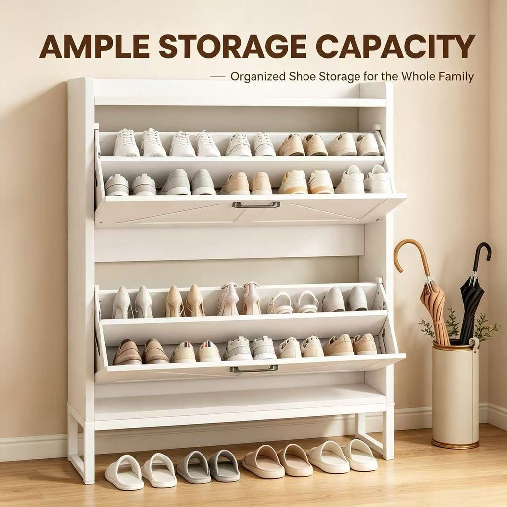 Exnote Shoe Cabinet Narrow Shoe Storage Cabinet for Entryway and Hallway Space-Saving Shoe Organizer Featuring 2 Flip Drawers and Customizable Shelf That Stores 16+ Shoe Pairs,White