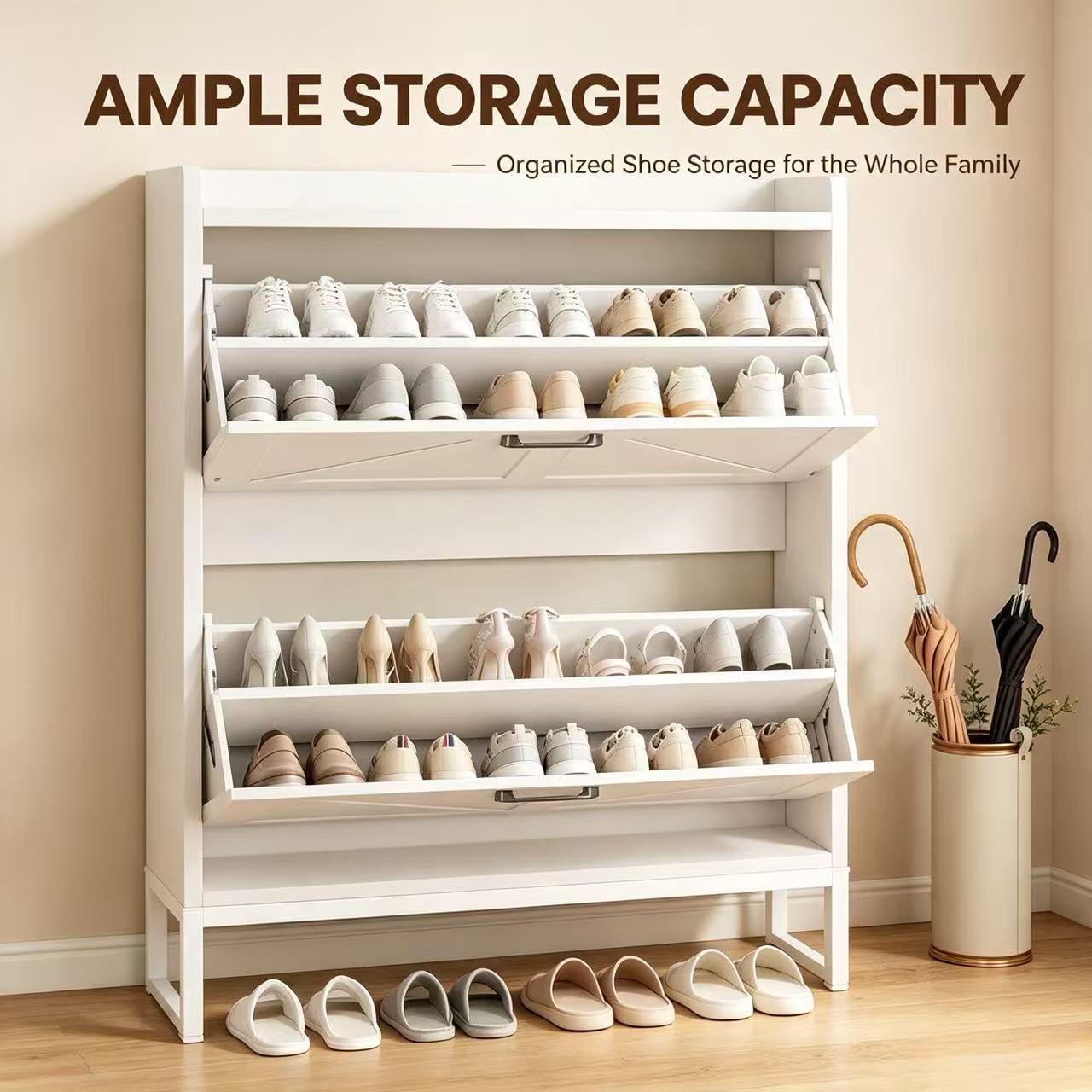 Exnote Shoe Cabinet Narrow Shoe Storage Cabinet for Entryway and Hallway Space-Saving Shoe Organizer Featuring 2 Flip Drawers and Customizable Shelf That Stores 16+ Shoe Pairs,White