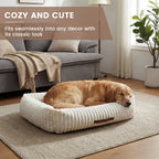 Exnote Comfy Corduroy Bolster Pet Bed, Dog Bed & Cat Bed, Striped Fleece Rectangle Pet Bed with Raised Rim, Washable Soft Plush Puppy Bed，Beige