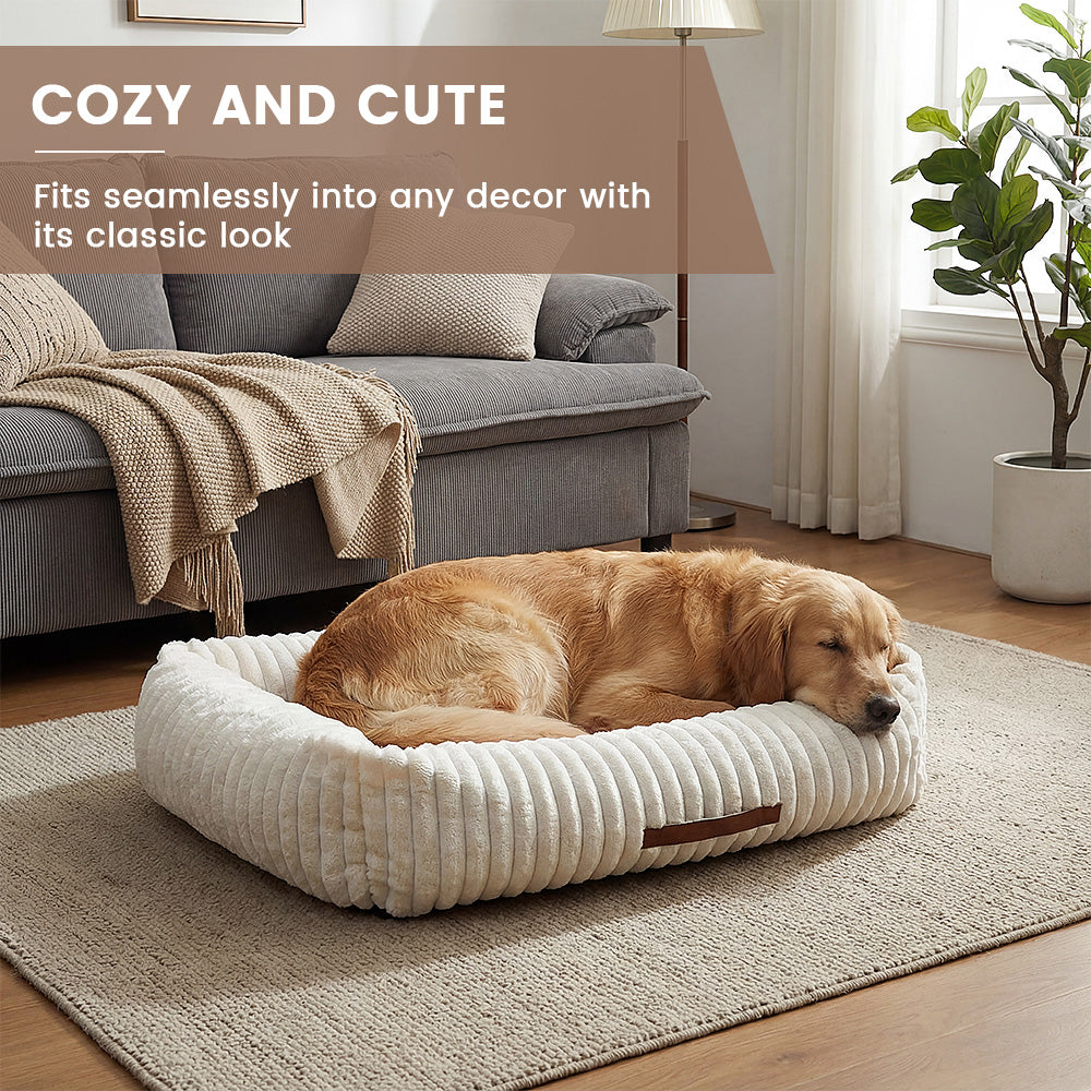 Exnote Comfy Corduroy Bolster Pet Bed, Dog Bed & Cat Bed, Striped Fleece Rectangle Pet Bed with Raised Rim, Washable Soft Plush Puppy Bed，Beige