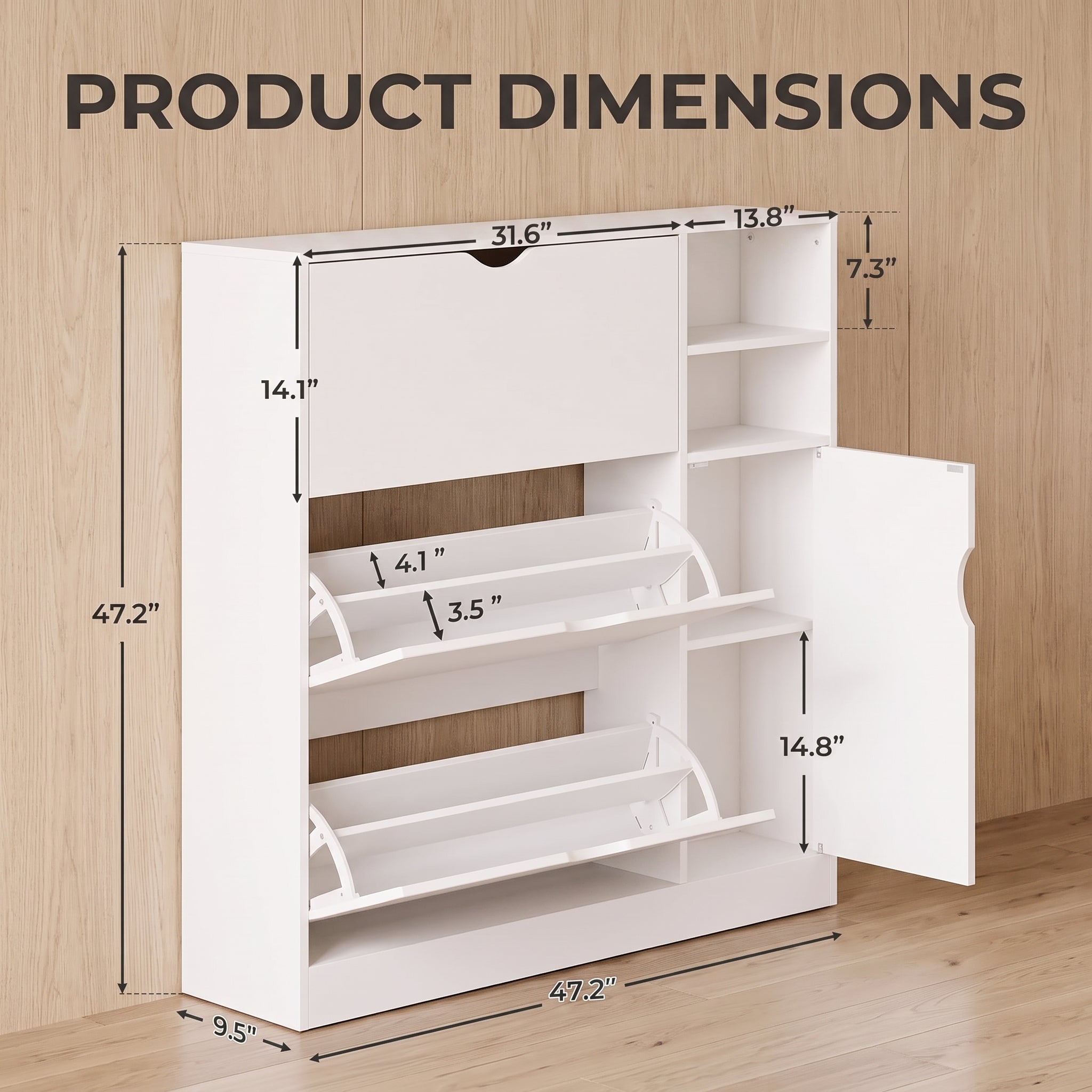 Exnote Modern White Shoe Cabinet for Entryway with 3 Flip Drawers, Slim Hidden Shoe Organizer with Side Shelving & Boot Storage, Space-Saving for Hallway