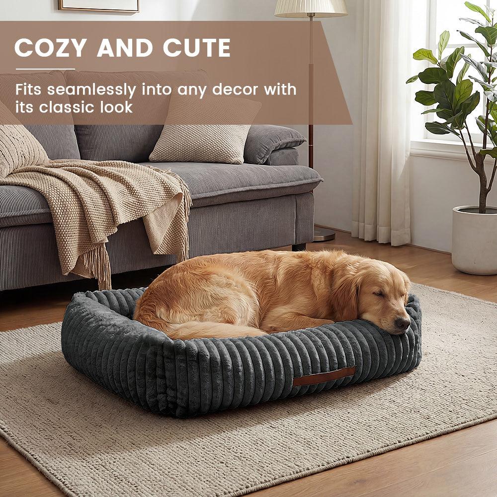 Exnote Comfy Corduroy Bolster Pet Bed, Dog Bed & Cat Bed, Striped Fleece Rectangle Pet Bed with Raised Rim, Washable Soft Plush Puppy Bed，Deep Grey