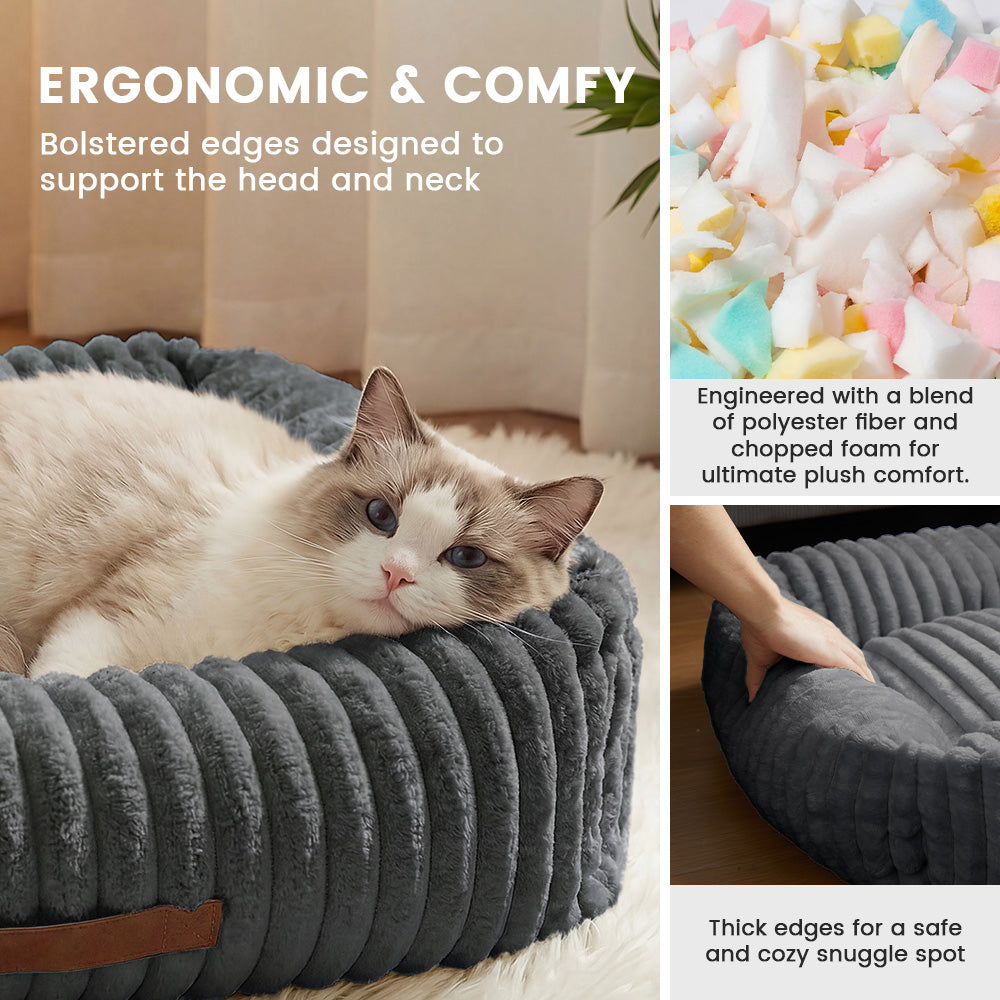 Exnote Comfy Corduroy Bolster Pet Bed, Dog Bed & Cat Bed, Striped Fleece Rectangle Pet Bed with Raised Rim, Washable Soft Plush Puppy Bed，Deep Grey