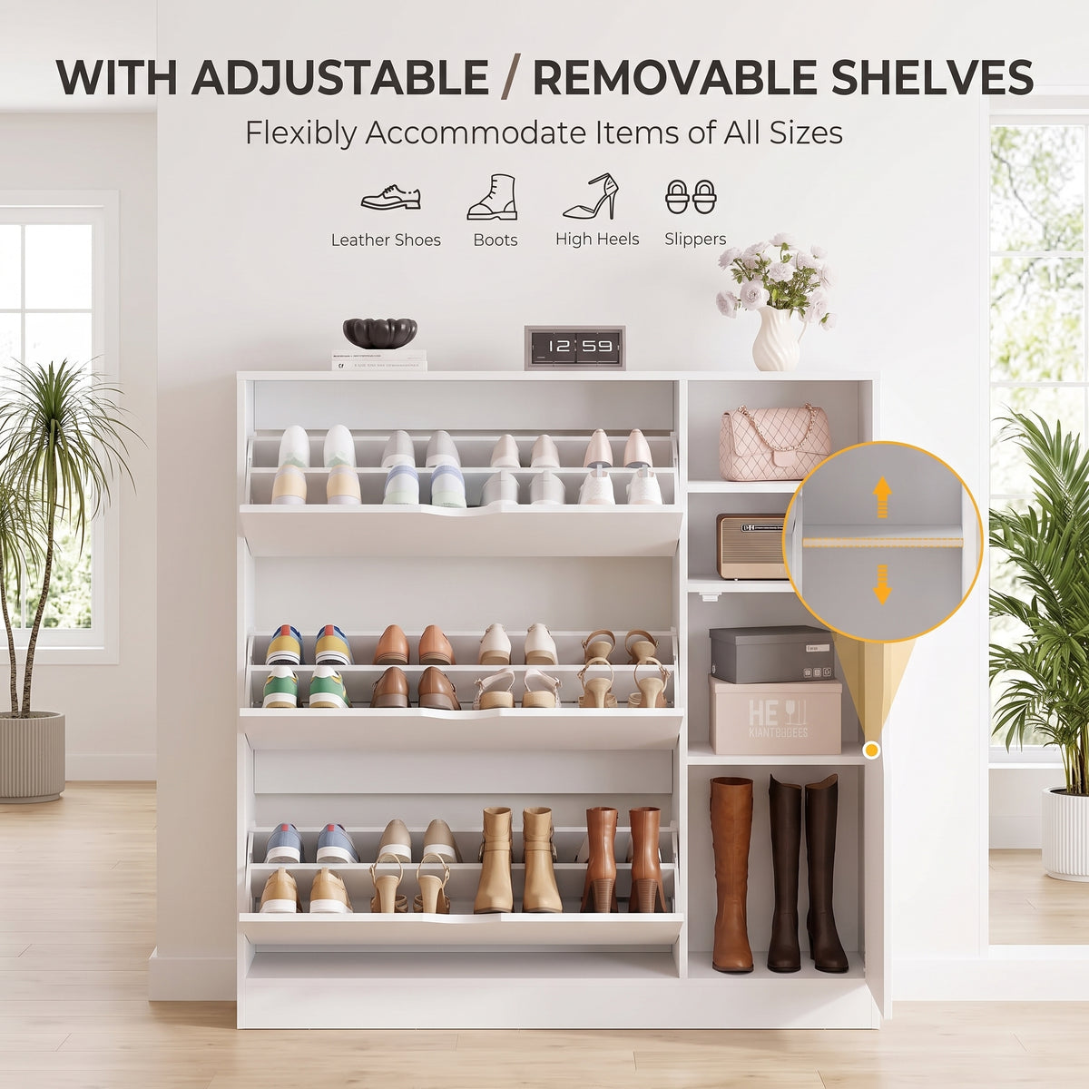 Exnote Modern White Shoe Cabinet for Entryway with 3 Flip Drawers, Slim Hidden Shoe Organizer with Side Shelving & Boot Storage, Space-Saving for Hallway