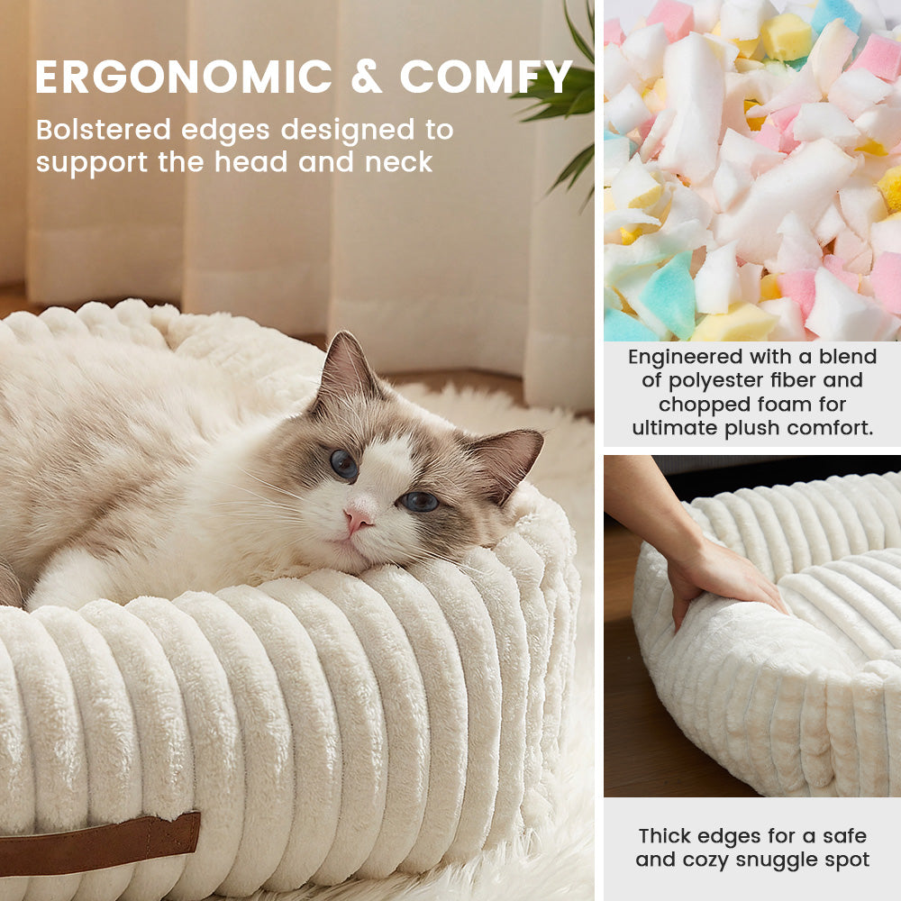 Exnote Comfy Corduroy Bolster Pet Bed, Dog Bed & Cat Bed, Striped Fleece Rectangle Pet Bed with Raised Rim, Washable Soft Plush Puppy Bed，Beige