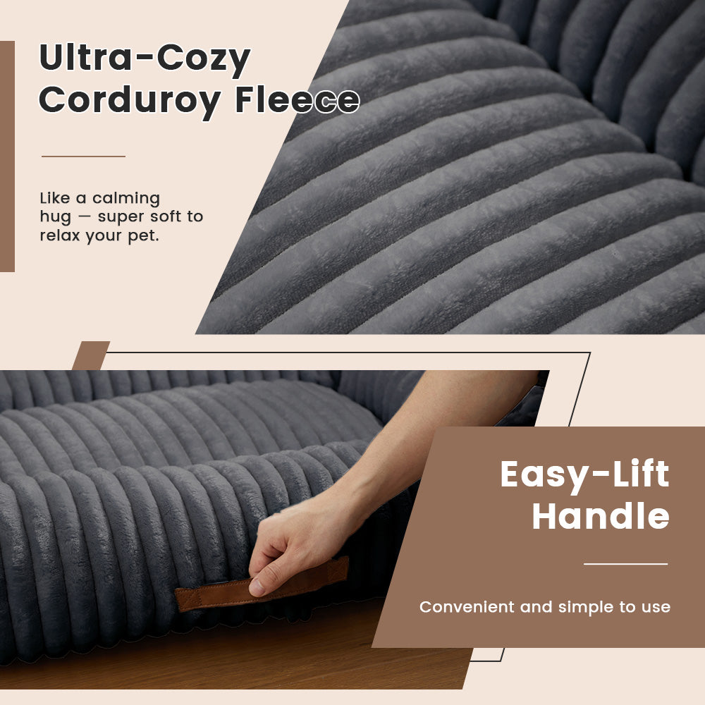 Exnote Comfy Corduroy Bolster Pet Bed, Dog Bed & Cat Bed, Striped Fleece Rectangle Pet Bed with Raised Rim, Washable Soft Plush Puppy Bed，Deep Grey