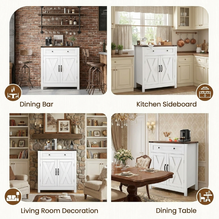 Exnote 30" Coffee Bar Station Cabinet, Kitchen Storage Sideboard with Drawer and Adjustable Shelves, Modern Farmhouse Buffet Cabinet for Kitchen, Living Room, Entryway, White