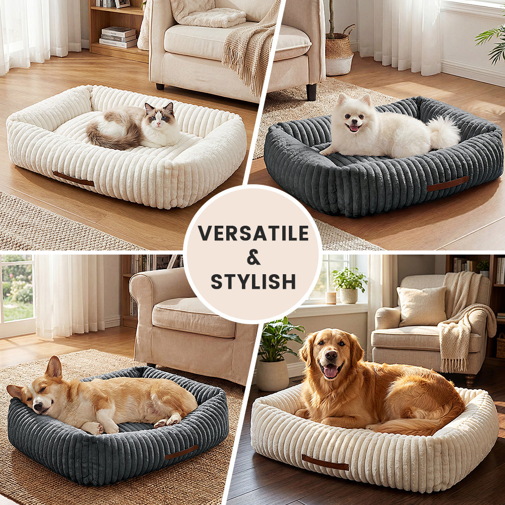 Exnote Comfy Corduroy Bolster Pet Bed, Dog Bed & Cat Bed, Striped Fleece Rectangle Pet Bed with Raised Rim, Washable Soft Plush Puppy Bed，Deep Grey