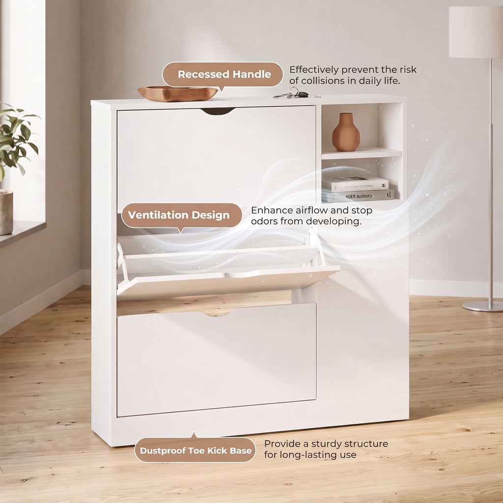 Exnote Modern White Shoe Cabinet for Entryway with 3 Flip Drawers, Slim Hidden Shoe Organizer with Side Shelving & Boot Storage, Space-Saving for Hallway