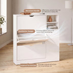 Exnote Modern White Shoe Cabinet for Entryway with 3 Flip Drawers, Slim Hidden Shoe Organizer with Side Shelving & Boot Storage, Space-Saving for Hallway