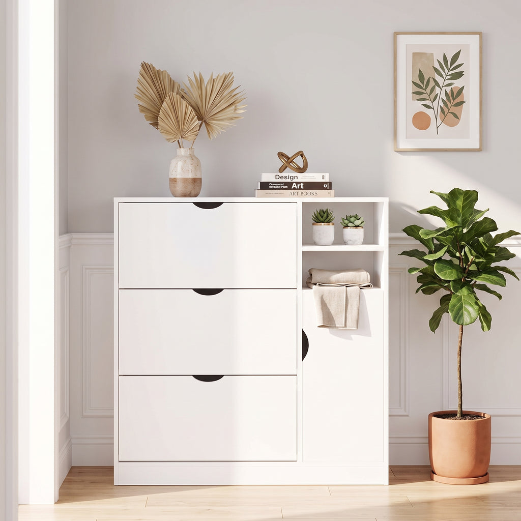 Exnote Modern White Shoe Cabinet for Entryway with 3 Flip Drawers, Slim Hidden Shoe Organizer with Side Shelving & Boot Storage, Space-Saving for Hallway