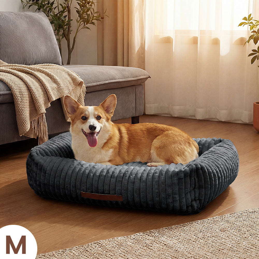Exnote Comfy Corduroy Bolster Pet Bed, Dog Bed & Cat Bed, Striped Fleece Rectangle Pet Bed with Raised Rim, Washable Soft Plush Puppy Bed，Deep Grey