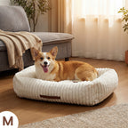 Exnote Comfy Corduroy Bolster Pet Bed, Dog Bed & Cat Bed, Striped Fleece Rectangle Pet Bed with Raised Rim, Washable Soft Plush Puppy Bed，Beige