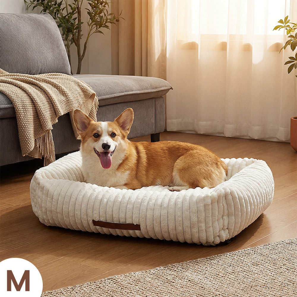 Exnote Comfy Corduroy Bolster Pet Bed, Dog Bed & Cat Bed, Striped Fleece Rectangle Pet Bed with Raised Rim, Washable Soft Plush Puppy Bed，Beige
