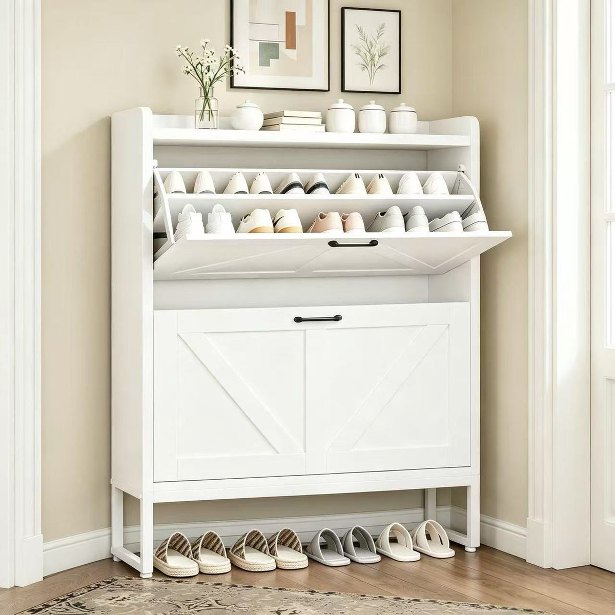 Exnote Shoe Cabinet Narrow Shoe Storage Cabinet for Entryway and Hallway Space-Saving Shoe Organizer Featuring 2 Flip Drawers and Customizable Shelf That Stores 16+ Shoe Pairs,White