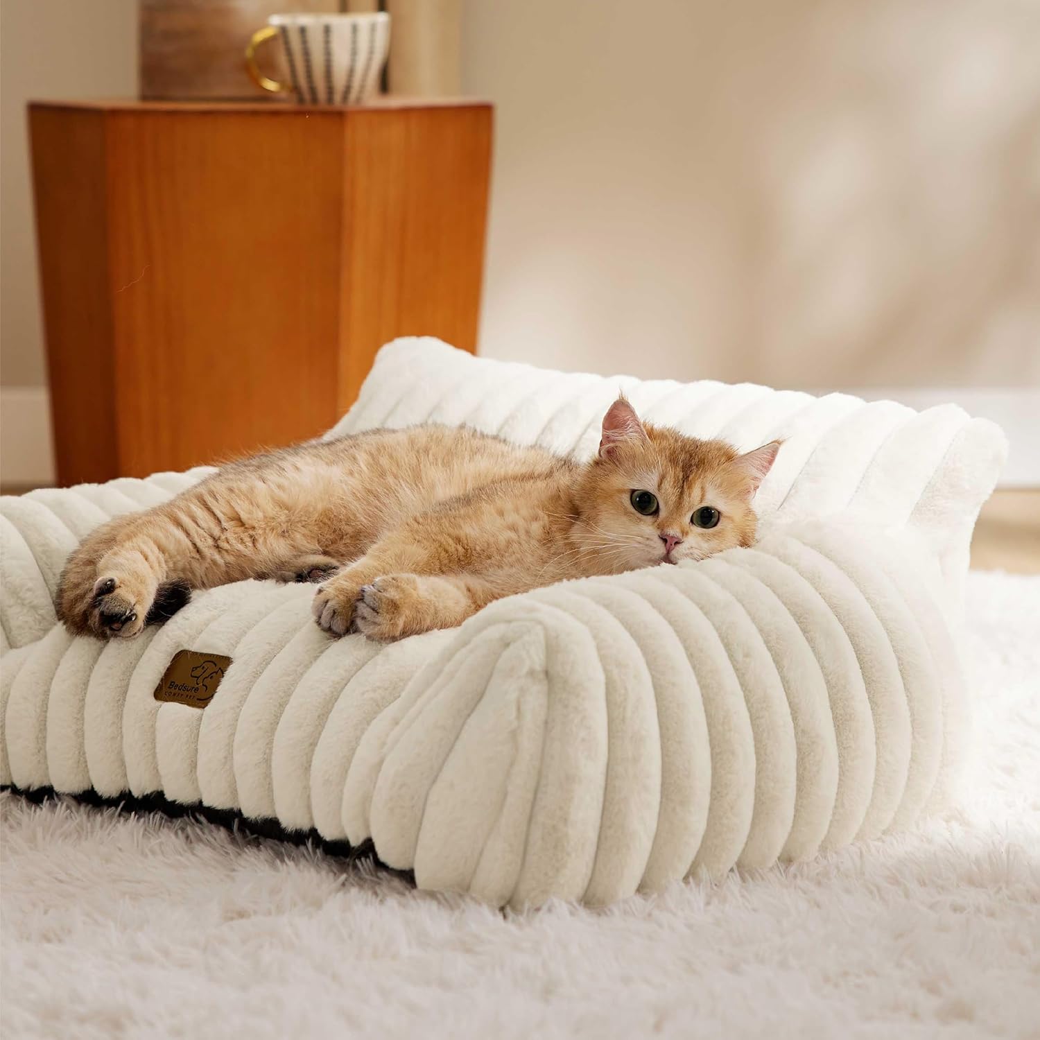 NeteNete Cute Pet Sofa – Fluffy Pet Couch Made with Premium Soft Corduroy, Washable Removable Cover, Luxurious Indoor Cat Bed, Supportive Pet Chair