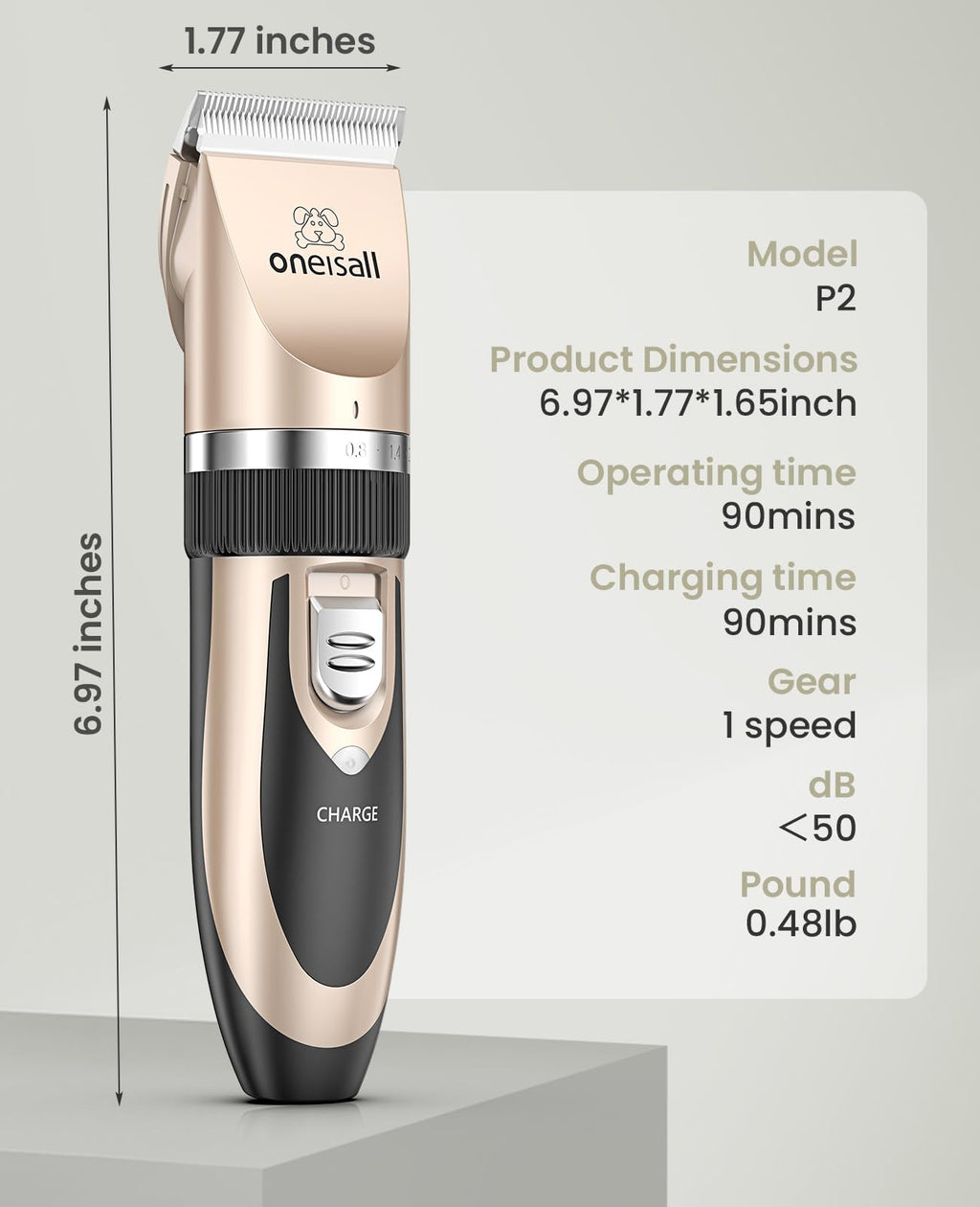 Dog Clipper Low Noise, Dog Grooming Kit with Rechargeable, Pet Shaver Cordless Electric Quiet Hair Clipper Set for Dogs Cats Pets（Gold）